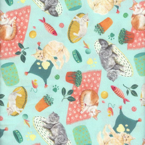 Timeless Treasures Fabrics Feline Fanatic Lounging Cats Green