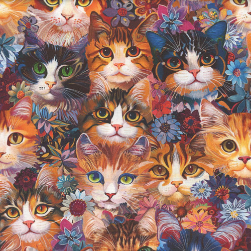 Timeless Treasures Fabrics Calico Cat Packed Cats & Floral Natural