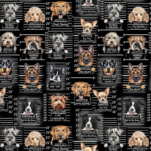 Timeless Treasures Fabrics Pets Dog Mugshots Chalk White Black
