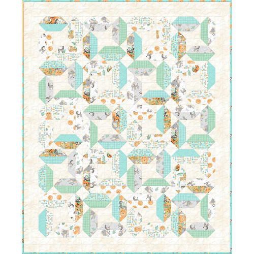 Wilmington Prints Fabrics Safari Snuggles Jenny Faw Conundrum Quilt Kit, colorful fabric pieces assembled into a whimsical animal-themed quilt pattern with lions, zebras, and elephants.