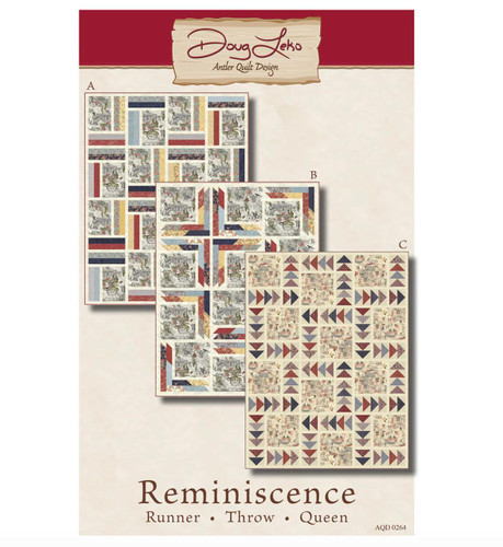 Reminiscence Quilt Pattern by Doug Lekko Antler Quilt Designs, shown in the image with three different quilt block designs for runner, throw, and queen sizes.