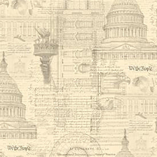 Moda Fabrics Patriotic Americana Collage 3 Sisters Parchment Cream US Constitution, fabric featuring a parchment-themed collage with architectural and historic American symbols and text.