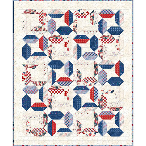 Wilmington Prints Founding Glory Conundrum Quilt Kit, patriotic-themed quilt with geometric and star patterns in red, white, and blue colors.