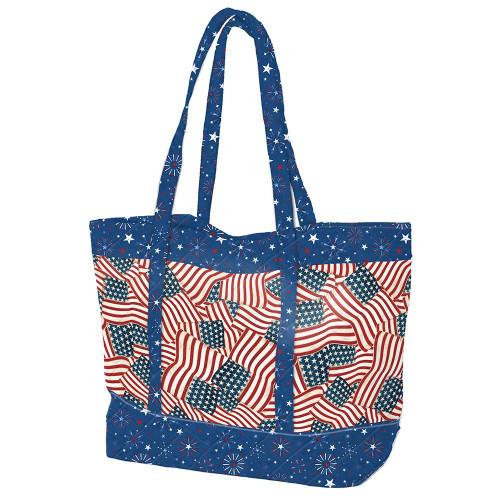 Wilmington Prints Founding Glory Jennifer Pugh Tote Quilt Kit, patriotic tote bag with American flag and fireworks design.