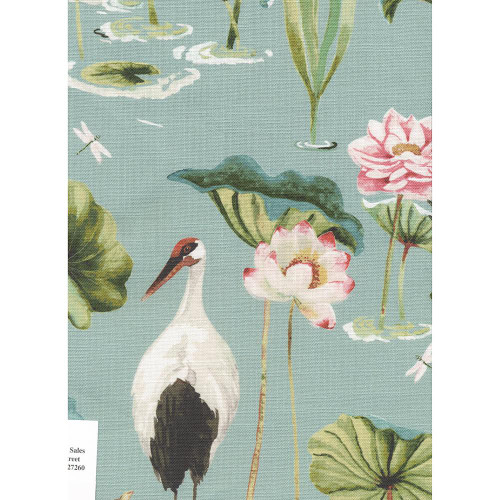 Hamilton Fabrics Sarus Nile Blue Asian Cranes Water Lilies, fabric featuring water lilies, cranes, and lotus leaves in a Nile Blue color scheme.