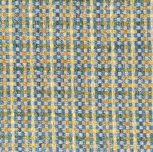 Hamilton Fabrics Myriad Ocean Mini Check Blue Yellow Green, close-up of woven fabric with a small check pattern in blue, yellow, and green colors.