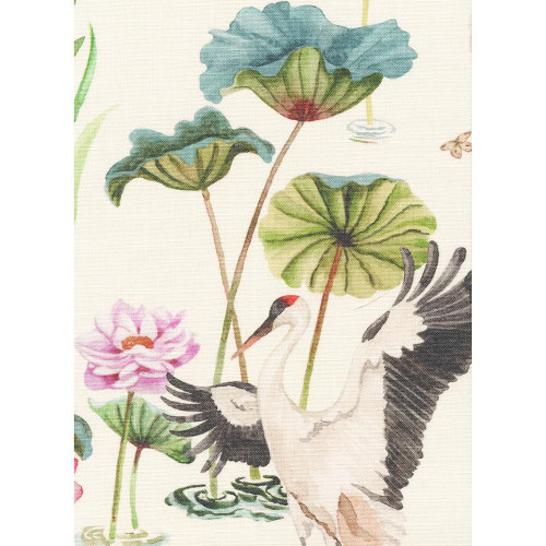 Hamilton Fabrics Sarus Ivory Cream Asian Cranes Water Lilies, water lily flowers, lily pads, and cranes in a watercolor style.