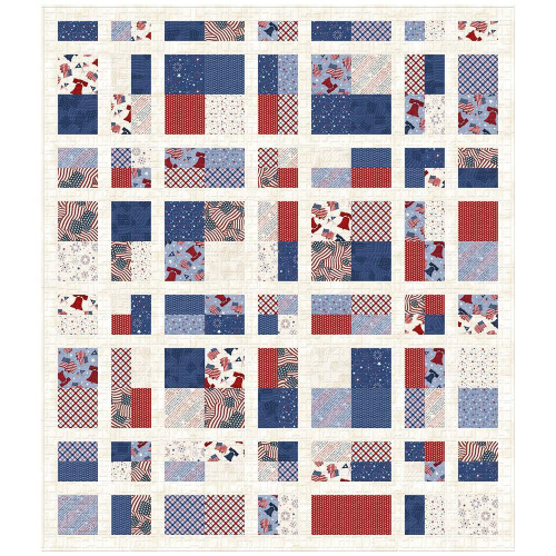 Wilmington Prints Founding Glory Jennifer Pugh Plaid Sashay Quilt Kit, quilt with patriotic red, white, and blue patterns and designs arranged in a patchwork layout.