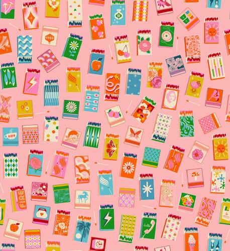 Moda Fabrics Trinketry Ruby Star Society Melody Miller Matchmaker Matchbook Balmy Pink, colorful matchbook pattern design with various matchbook illustrations on a pink background.