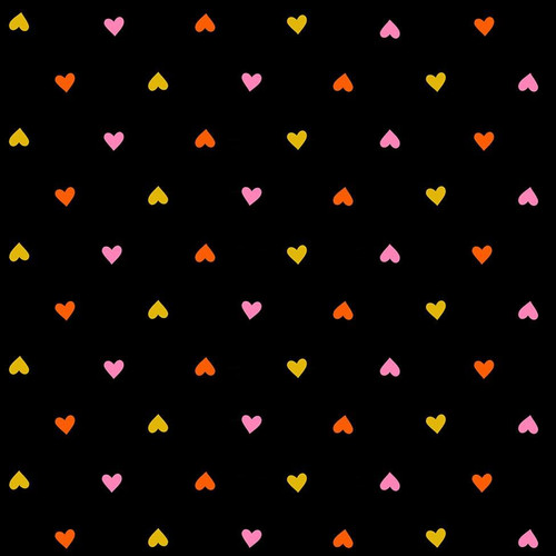 Moda Fabrics Trinketry Ruby Star Society Melody Miller Hearts Black, fabric with a black background and colorful small heart patterns in pink, yellow, and orange.