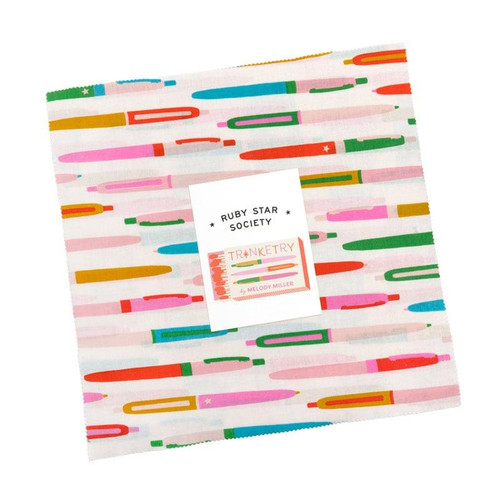 Moda Fabrics Trinketry Ruby Star Society Melody Miller Layer Cake Ten Inch Squares, colorful fabric with pen and pencil pattern.