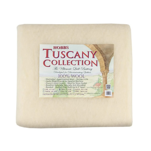Hobbs Tuscany wool batting is&nbsp;100 percent super wash wool, which eliminates most or all shrinkage. Carded and resin bonded to help retard bearding.&nbsp;&nbsp;Provides superb insulation and allows fibers to breath. This batting may be stitched up to 4 inches apart, and it is machine washable once part of a quilt, with shrinkage of 3-5% expected. Pre-washing is not recommended for this item. Size:&nbsp;72 by 96 inches