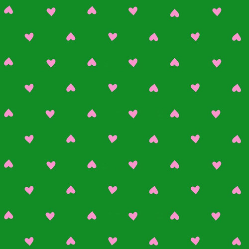 Moda Fabrics Trinketry Ruby Star Society Melody Miller Hearts Deep Verdant Neon Orange fabric pattern, pink hearts on a green background.