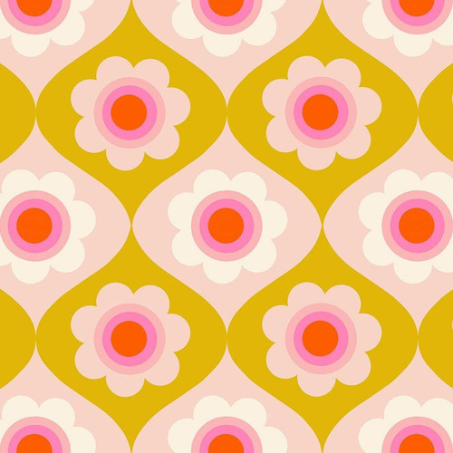 Moda Fabrics Trinketry Ruby Star Society Melody Miller Retro Floral Trinketry Goldenrod Yellow, vibrant floral pattern with pink, cream, and red flowers on a mustard yellow background.
