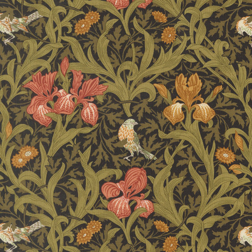 Moda Fabrics William Morris Muse Barbara Brackman Iris Florals Birds Ebony Black