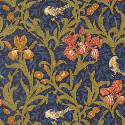 Moda Fabrics William Morris Muse Barbara Brackman Iris Florals Birds Twilight Navy Blue