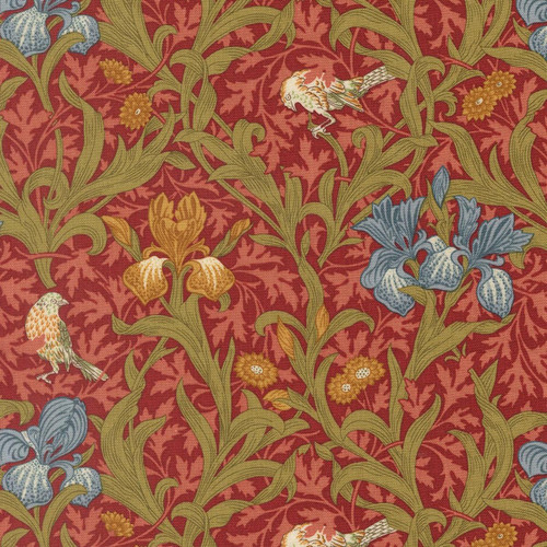 Moda Fabrics William Morris Muse Barbara Brackman Iris Florals Birds Russet Red, detailed floral and bird pattern fabric with colorful iris flowers, birds, and foliage on a red background.