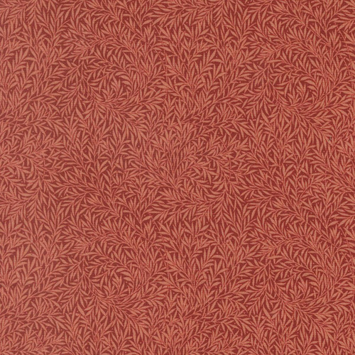 Moda Fabrics William Morris Muse Barbara Brackman Willow Leaf Russet Red, detailed fabric pattern of intricate willow leaves in russet red color.