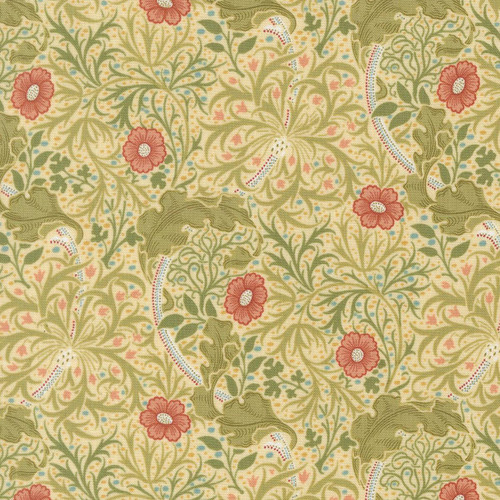 Moda Fabrics William Morris Muse Barbara Brackman Seaweed Floral Parchment Cream, detailed floral pattern with green leaves, pink flowers, and intricate dotted accents on a parchment cream background.