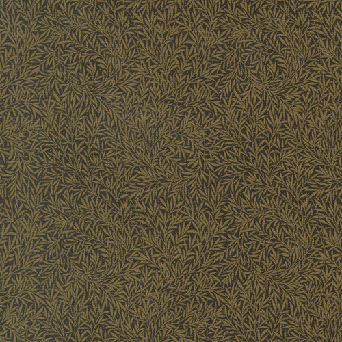 Moda Fabrics William Morris Muse Barbara Brackman Willow Leaf Ebony Black, intricate black and gold leaf pattern textile.