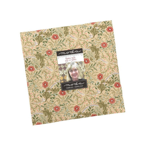 Moda Fabrics William Morris Muse Barbara Brackman Layer Cake Ten Inch Squares, fabric layer cake with floral and botanical patterns in beige, green, and red colors.