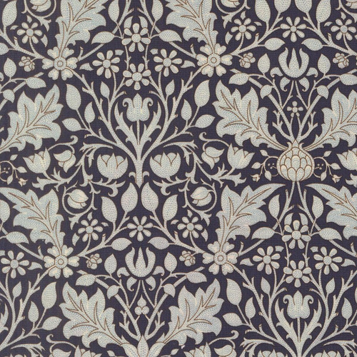 Moda Fabrics William Morris Muse Barbara Brackman Hedge Flowers Triple Net Twilight Blue, detailed floral and leaf pattern fabric in twilight blue and beige colors.