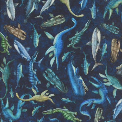 Quilting Treasures Fabrics Savage Kingdom Dan Morris Navy Blue Ocean Dinosaurs, fabric with a navy blue background featuring various colorful dinosaur illustrations.
