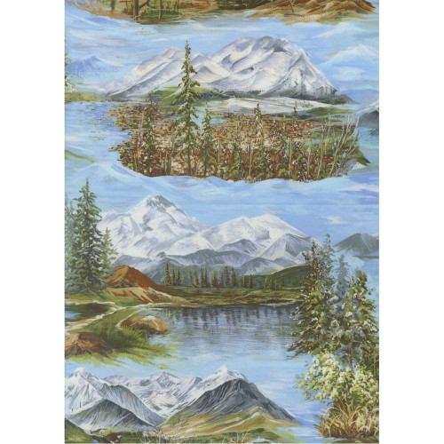 Moda Fabrics Wild Blue Yonder Moda Mountainscape Landscape and Nature Multi fabric, scenic mountain view with snow-capped peaks, lush trees, calm lake, and grassy terrains.