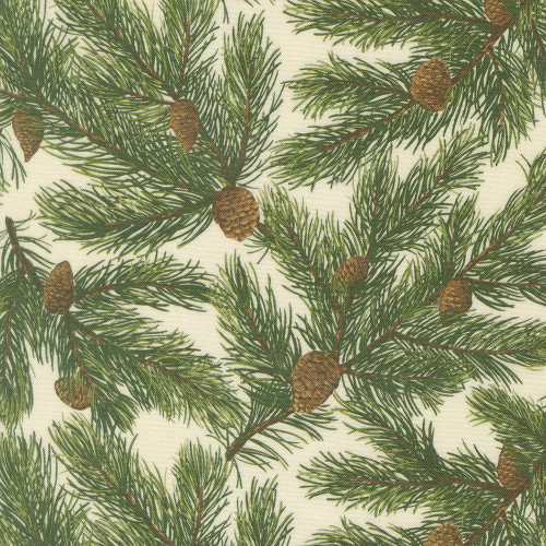 Moda Fabrics Wild Blue Yonder Moda Pine Needles Landscape Nature Natural, fabric pattern with green pine branches and brown pinecones on a light background.