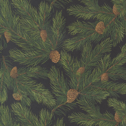 Moda Fabrics Wild Blue Yonder Moda Pine Needles Landscape Nature Black, fabric pattern featuring pine branches with green needles and brown pine cones on a black background.