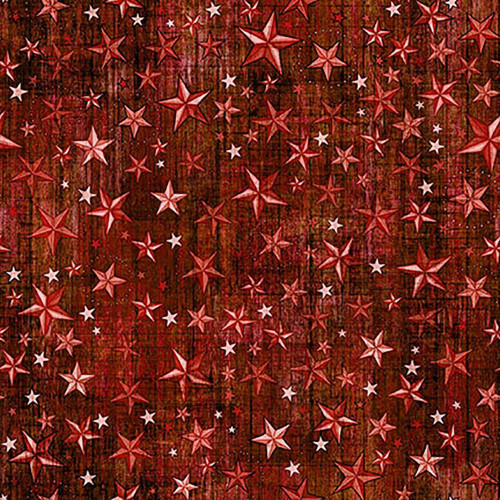 Quilting Treasures Fabrics American Country Dan Morris Red American Flag Stars, fabric with a patriotic stars pattern on a rustic wooden background.