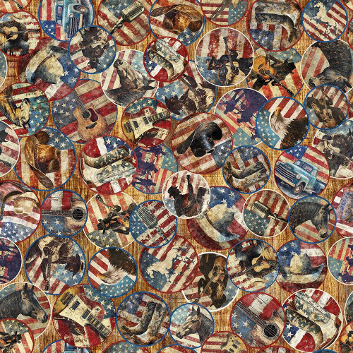 Quilting Treasures Fabrics American Country Dan Morris Tan Red White Blue American Country, fabric with vintage patriotic American flags, horses, guitars, cowboys, and other country-themed images in circular patterns.