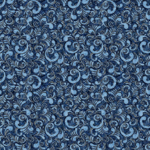 Quilting Treasures Fabrics American Country Dan Morris Blue Star Scrolls, intricate blue and white fabric pattern with swirling star scroll designs.
