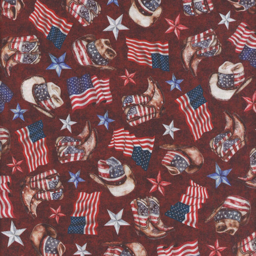 Quilting Treasures Fabrics American Country Dan Morris Burgundy Red Cowboy Hats and Boots