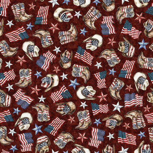 Quilting Treasures Fabrics American Country Dan Morris Burgundy Red Cowboy Hats and Boots