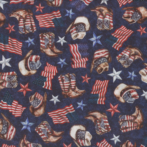 Quilting Treasures Fabrics American Country Dan Morris Navy Blue Cowboy Hats and Boots