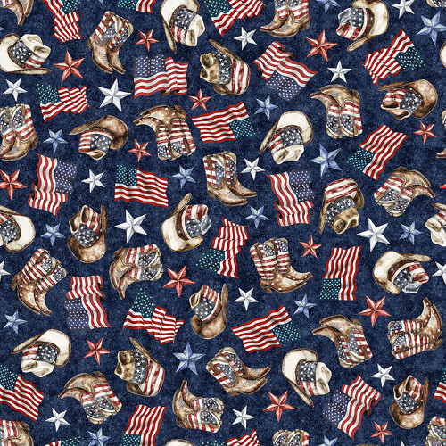 Quilting Treasures Fabrics American Country Dan Morris Navy Blue Cowboy Hats and Boots