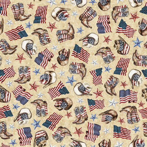 Quilting Treasures Fabrics American Country Dan Morris Cream Cowboy Hats and Boots fabric with patriotic American flags, cowboy hats, boots, and stars in red, white, and blue colors.