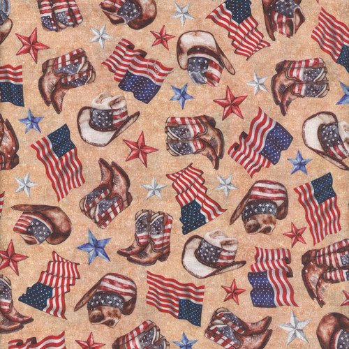 Quilting Treasures Fabrics American Country Dan Morris Cream Cowboy Hats and Boots