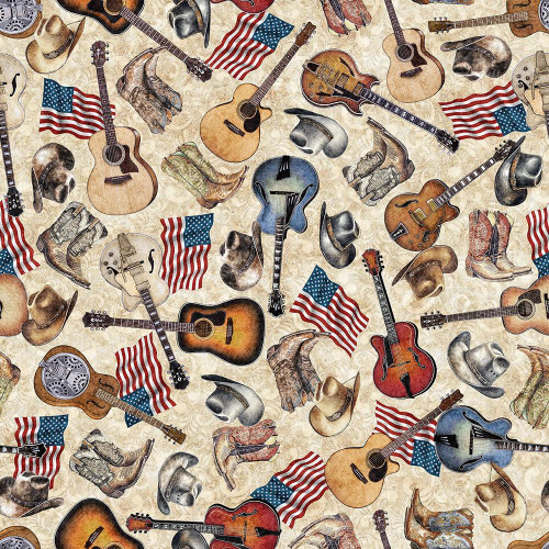 Quilting Treasures Fabrics American Country Dan Morris Cream Cowboy Hats Boots Flags Guitars - fabric pattern with cowboy hats, boots, American flags, guitars, and musical notes on a cream background.