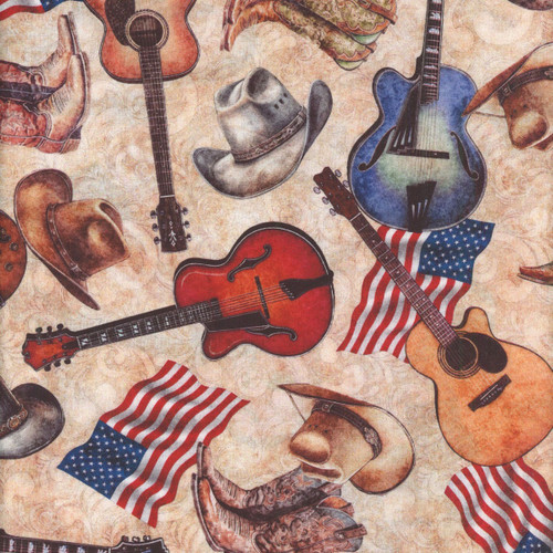 Quilting Treasures Fabrics American Country Dan Morris Cream Cowboy Hats Boots Flags Guitars