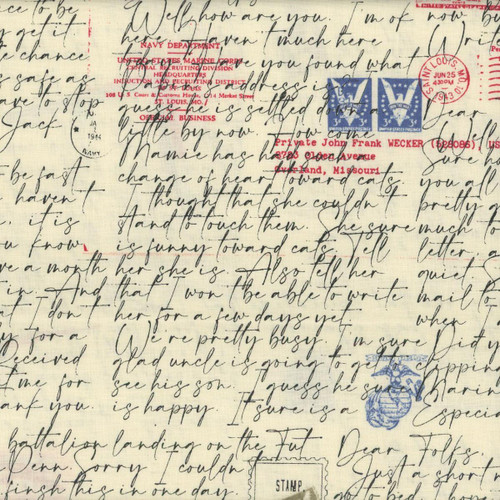 Riley Blake Fabrics Sew America J. Wecker Frisch Sew America Dear Folks WWII Cream, vintage handwritten letter with postal stamps and stamps overlay.