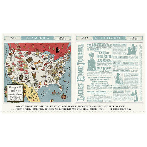 Riley Blake Fabrics Sew America J. Wecker Frisch Sew America 24 by 44 Pillow Panel, vintage newspaper and map design with patriotic themes.
