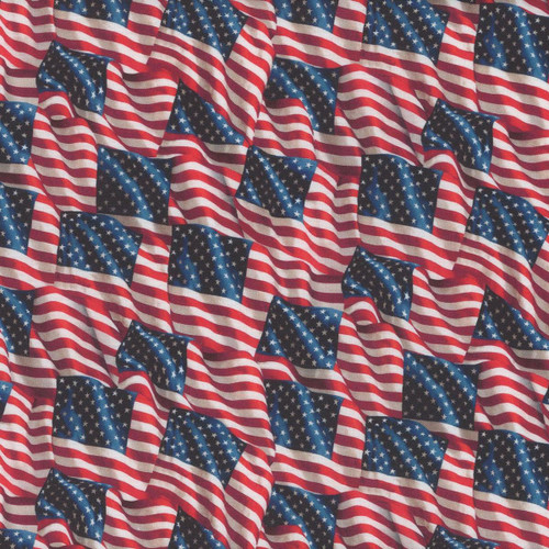 Windham Fabrics American Tribute Whistler Studios Old Glory Multi, fabric with a pattern of waving American flags featuring red and white stripes and blue fields with white stars.