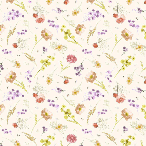 Windham Fabrics Aviva Whistler Studios Floral Charm Ivory, floral fabric pattern with delicate pastel flowers in pink, purple, yellow, and green on a white background.