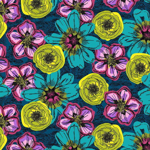 Windham Fabrics Winding Road Natalie Barnes Flower Fields Teal, digital floral pattern with pink, purple, yellow, and teal flowers on a dark background.