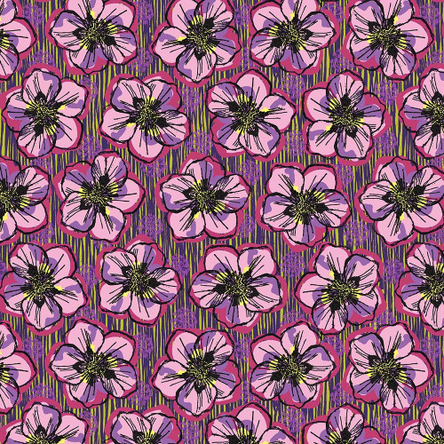 Windham Fabrics Winding Road Natalie Barnes Blossom Petal Pink, floral fabric pattern with pink and purple flowers and yellow and black accents.