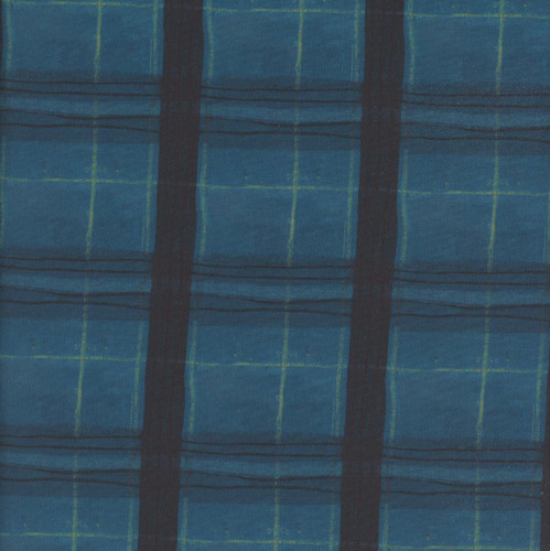 Windham Fabrics The Plaid One Marcia Derse Window Pane Plaid Night Sky, a fabric with a blue background featuring a plaid pattern with dark lines and thin yellow-green intersecting lines.