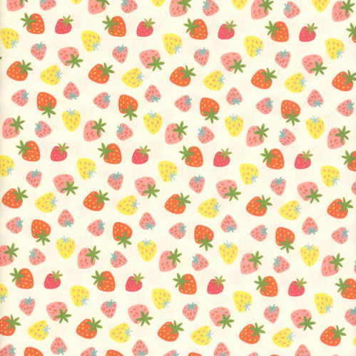Dear Stella Fabrics Furruit Platter Purrberries Vanilla, fabric with a colorful strawberry pattern featuring pink, yellow, red, and blue strawberries on a cream background.