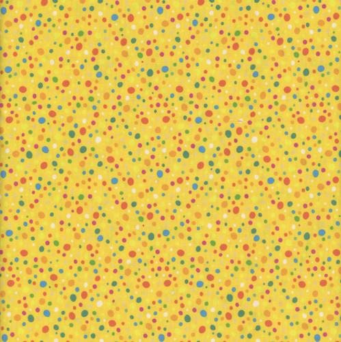 Dear Stella Fabrics Furruit Platter Tropical Beans Buttercup, colorful fabric with a yellow background and multicolored polka dots.